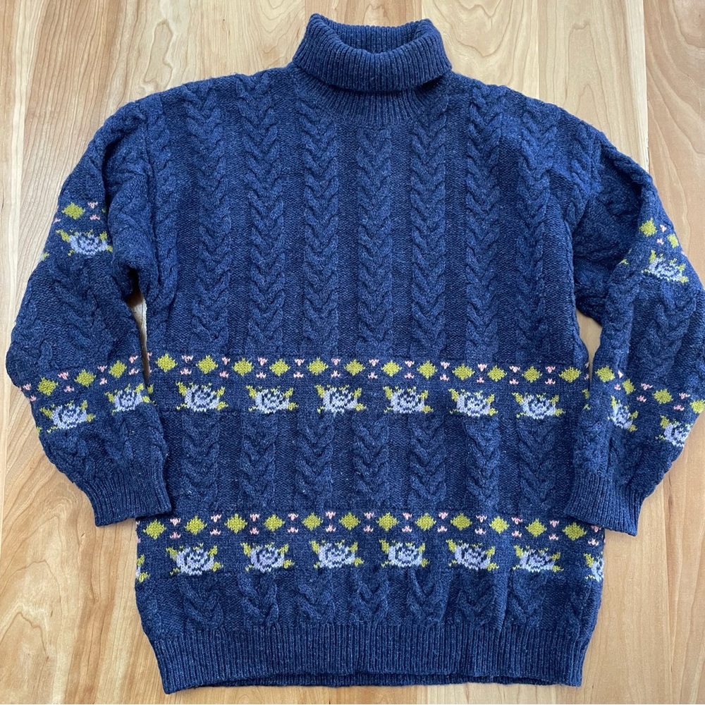 United Colors of Benetton 90s Vintage Blue Floral Shetland Wool Sweater